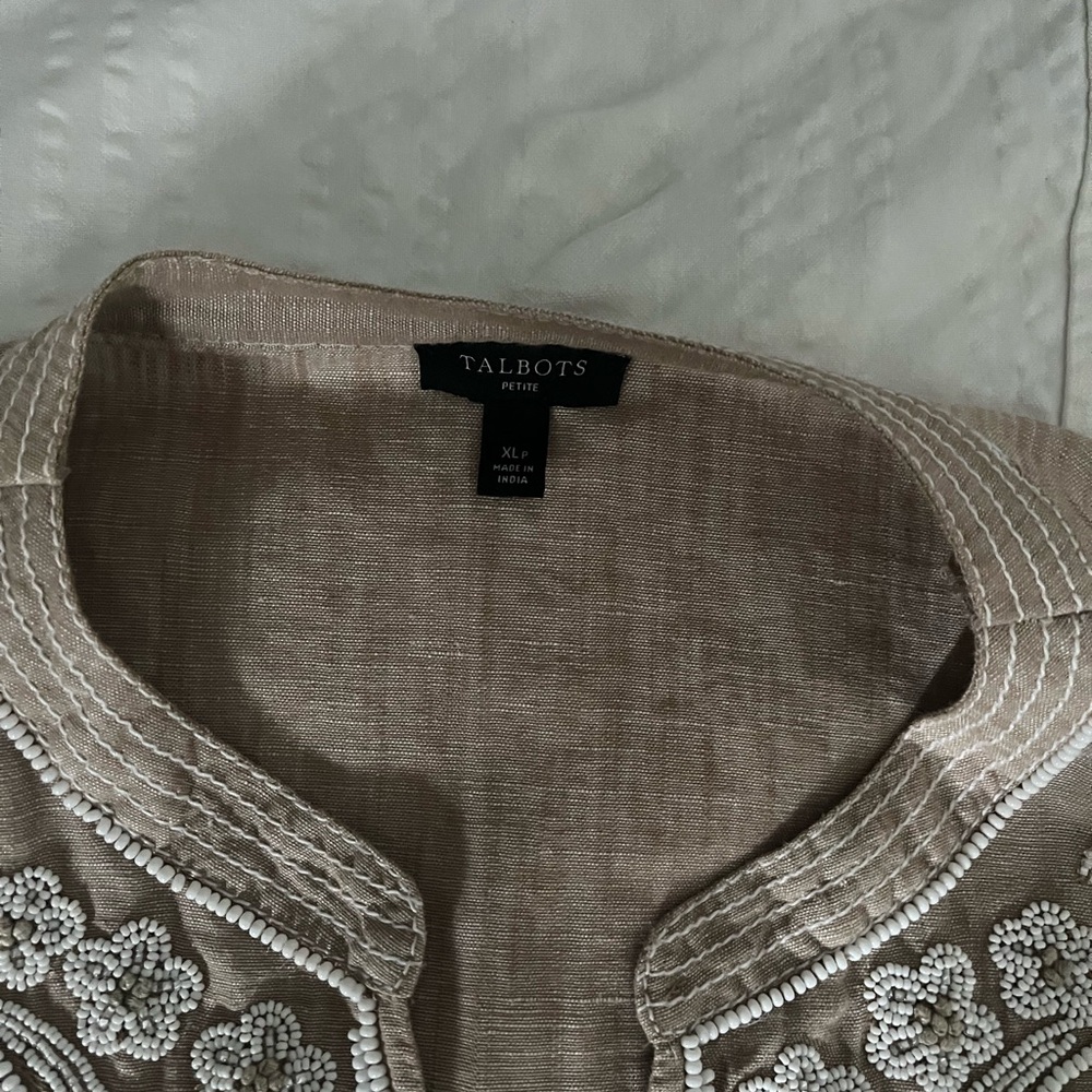 Talbots Petite Linen-Blend Embroidered Jacket in Taupe with White Beading